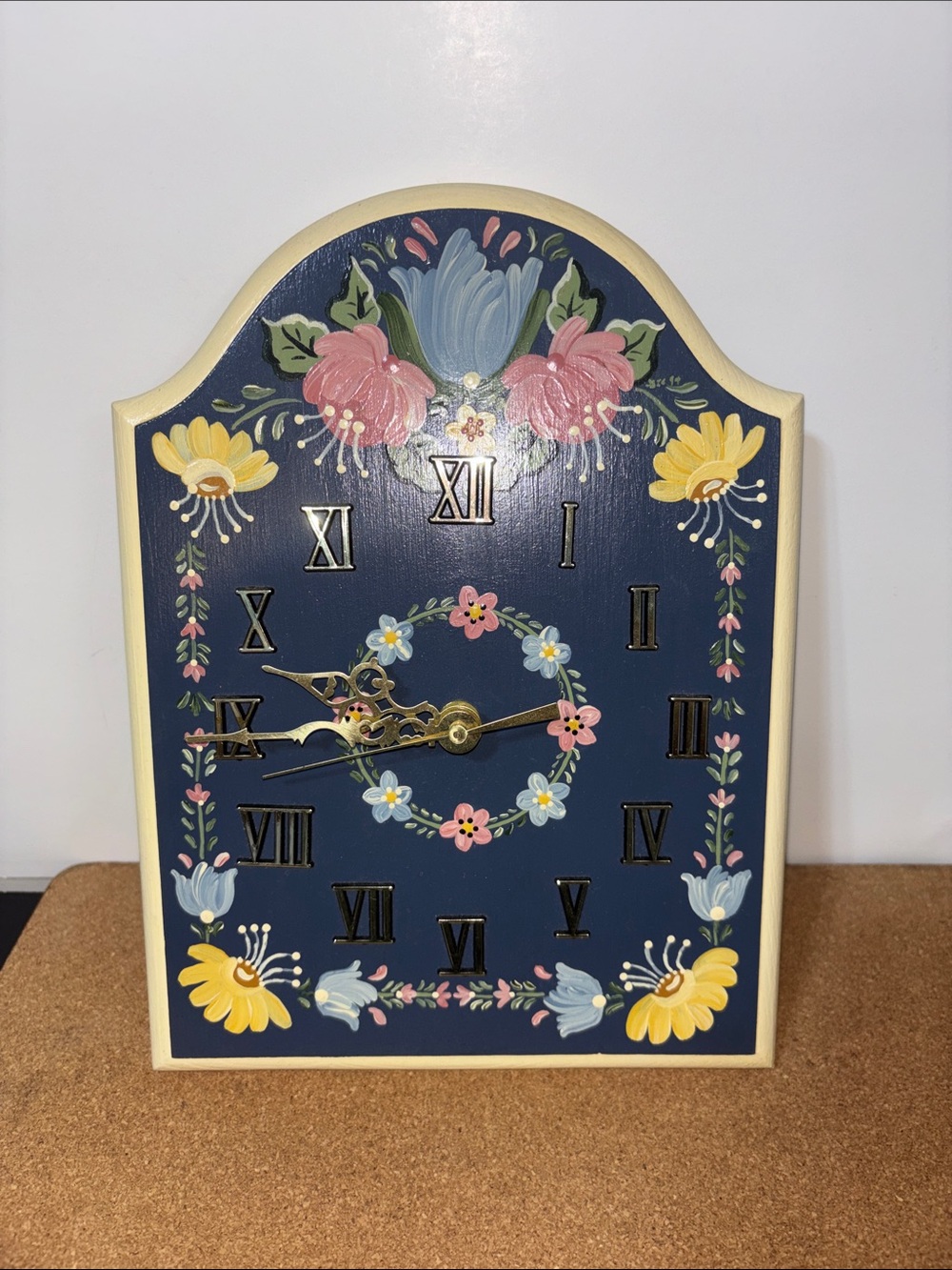 💐3/$15 Hand-Painted Floral Wall Clock Navy with Pink & Yellow Accents